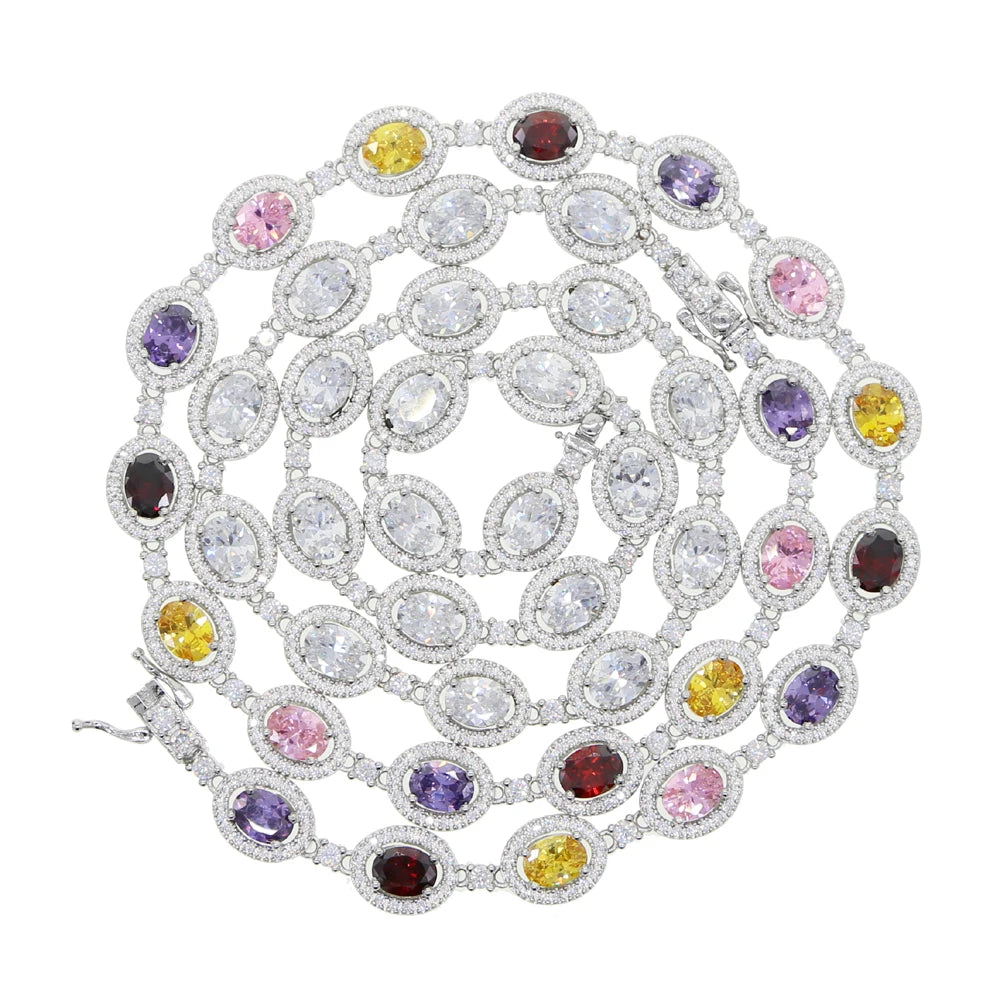 New Iced Out Bling Hip Hop Oval CZ Paved Sparking Colorful Stone Necklace Tennis Rainbow Zircon Choker Women Jewelry