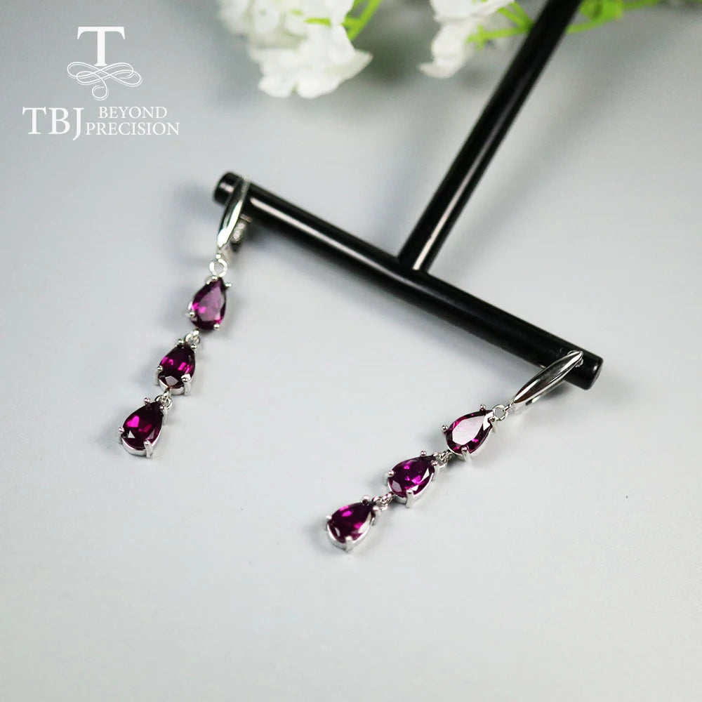 TBJ,Long earring with brazil rhodolite garet pear 5*8mm 6 pieces 5ct natural gemstone fine jewelry 925 sterling silver for women