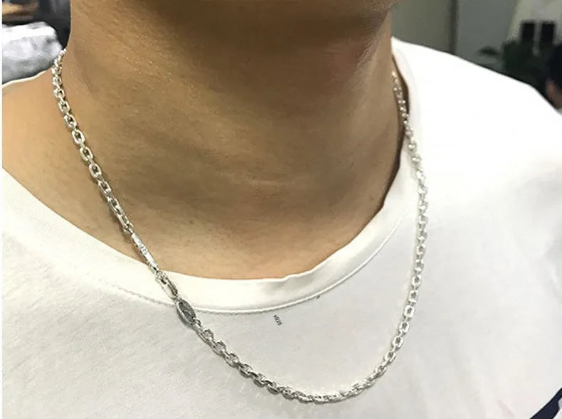 BOCAI New S925 Sterling Silver Fashion Jewelry 4mm Rectangular Chain Real Solid Silver Necklace for Men and Women