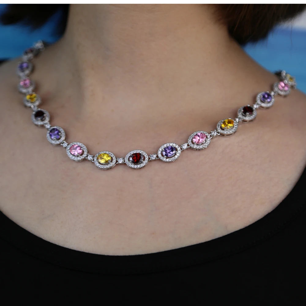 New Iced Out Bling Hip Hop Oval CZ Paved Sparking Colorful Stone Necklace Tennis Rainbow Zircon Choker Women Jewelry