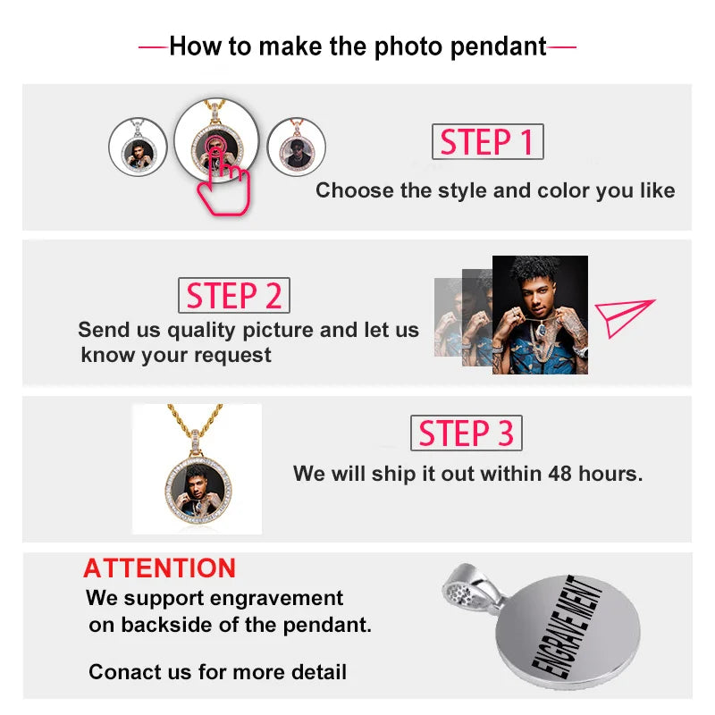 UWIN 6.8cm Oversize Large Round Custom Photo Pendant Iced Out CZ Hiphop Jewelry Necklace Engrave Name Memory Gifts