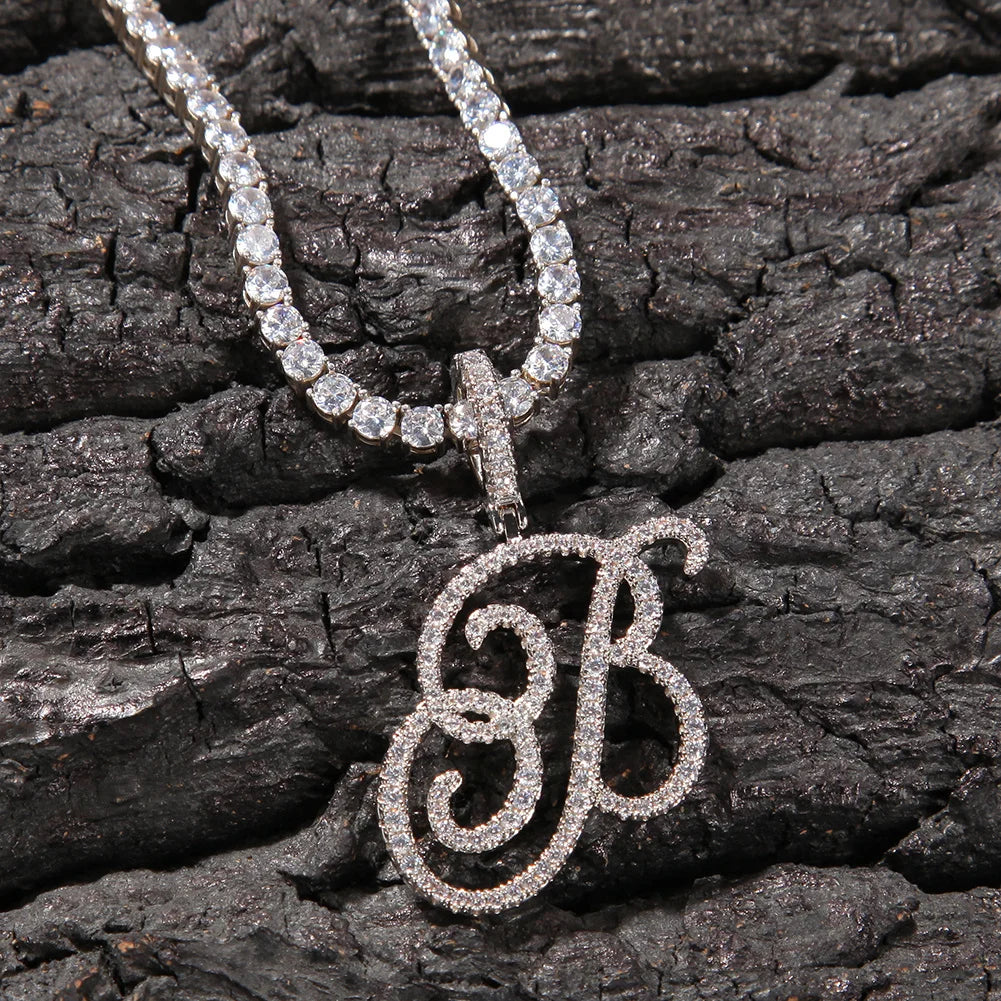UWIN Cursive Letters Brush With Tennis Chain Cubic Zirconia Intial Name Necklace Jewelry Charm Hip Hop Necklaces Drop Shipping