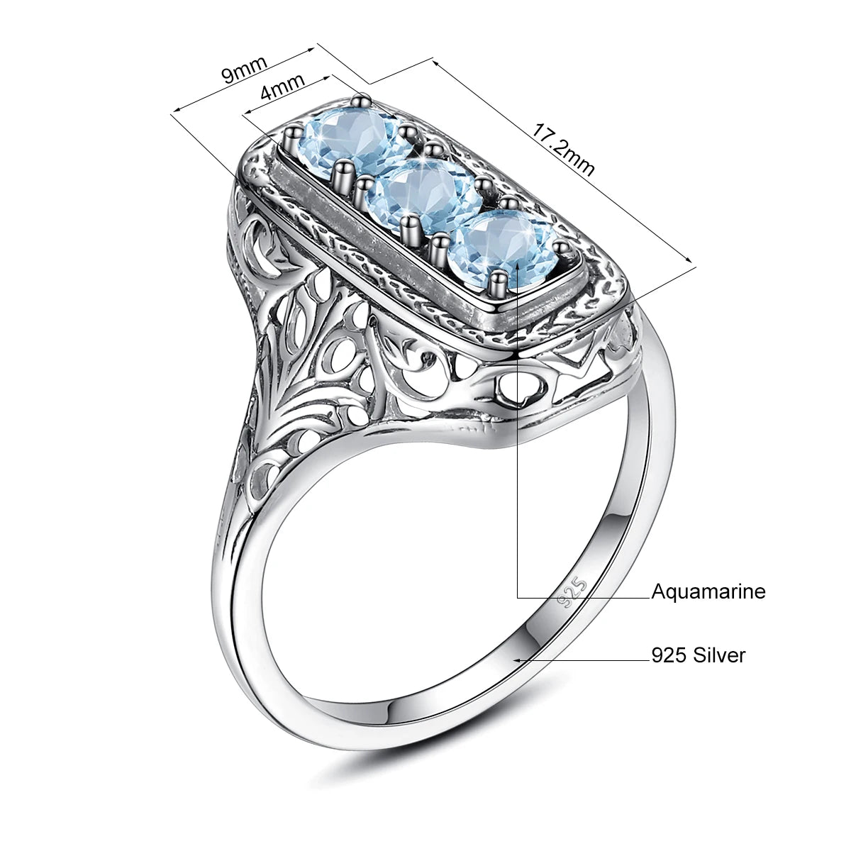 Szjinao Classic 3 Stone Aquamarine Ring For Woman Silver 925 Round Vintage Anniversary Party Gift Quality Fine Jewelry New Style
