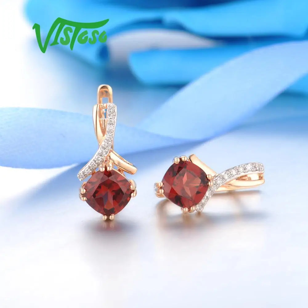 VISTOSO Gold Earring For Women Genuine 14K 585 Rose Gold Radiant Garnet Sparkling Diamond Earring Engagement Wedding Jewelry