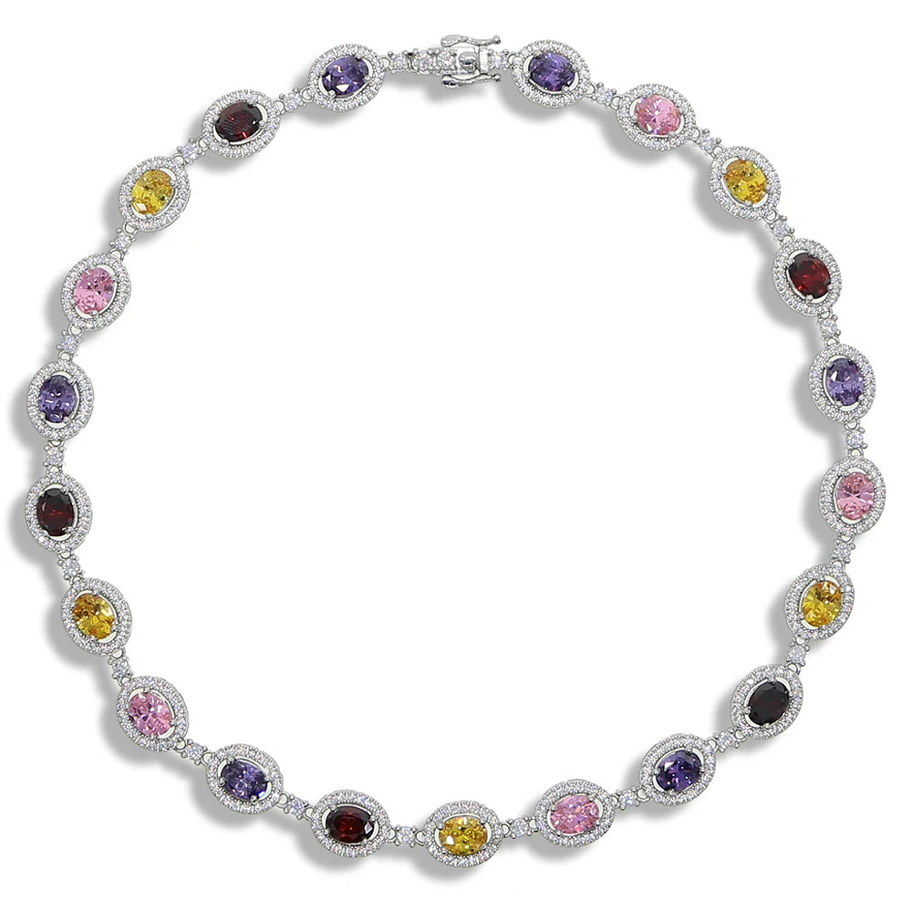 New Iced Out Bling Hip Hop Oval CZ Paved Sparking Colorful Stone Necklace Tennis Rainbow Zircon Choker Women Jewelry