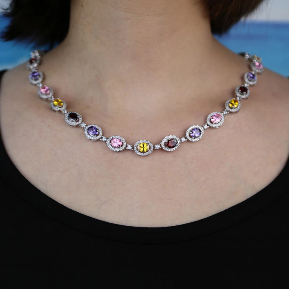 New Iced Out Bling Hip Hop Oval CZ Paved Sparking Colorful Stone Necklace Tennis Rainbow Zircon Choker Women Jewelry