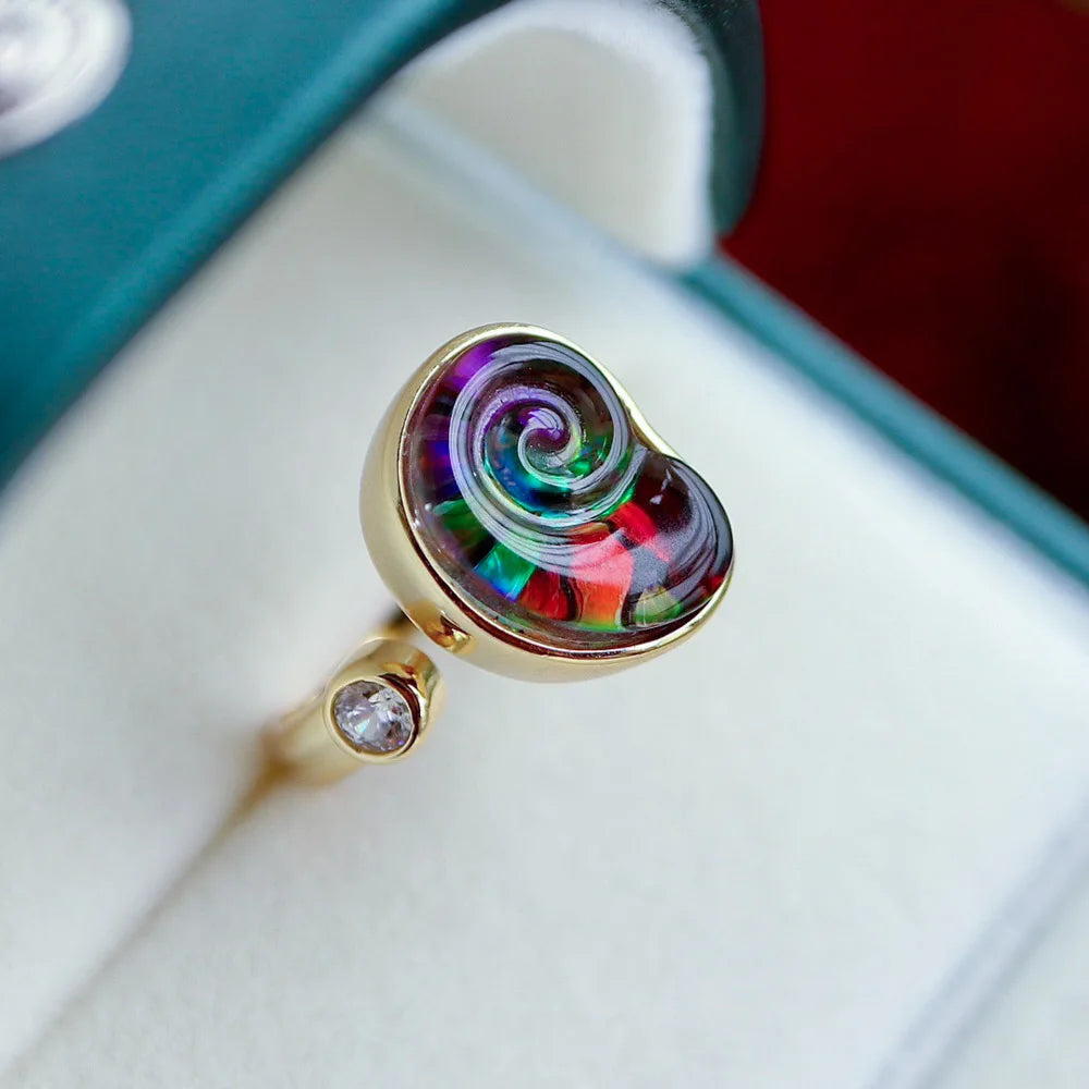 Trendy Ammolite Ring 925 Silver 18k Gold Plated from Canadian Adjustable Jewelry Opalite Stackable for Women Party Gift