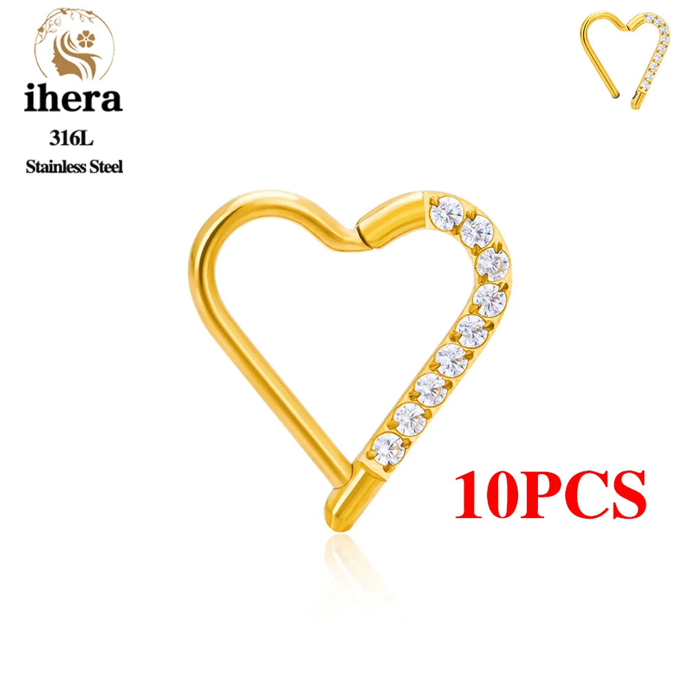 10PCS Stainless Steel D Shape Water Drop Nose Rings 16G CZ Septum Ring Ear Cartilage Tragus Helix Daith Earring Piercing Jewelry