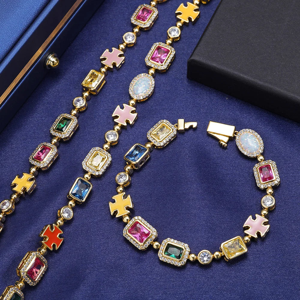 10mm Multicolor Green Blue Red Yellow Black Gem Stone Enamel Cross Chain 18K Gold Plated Jewelry Big Gemstone Necklace Women