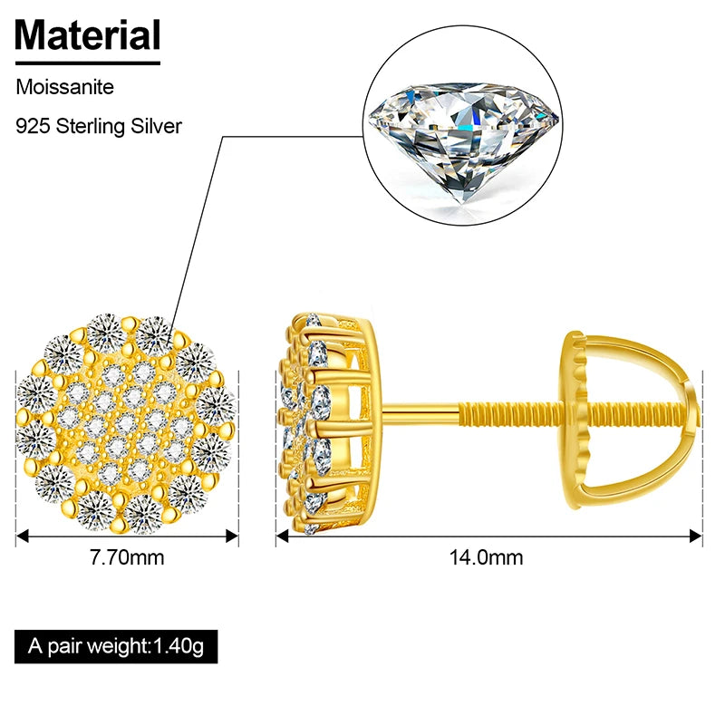 Real 925 Sterling Silver Round Cut D Color Moissanite Diamond Halo Stud Earrings For Women Hip Hop Jewelry Passed Diamond Test