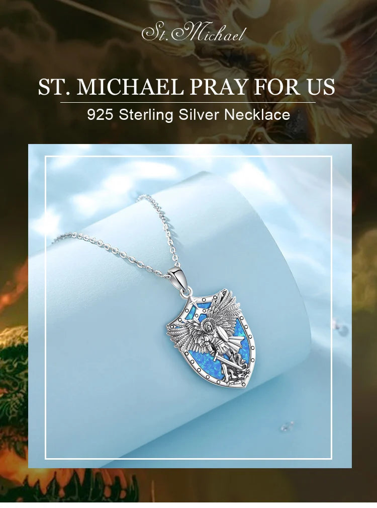 St Michael Pendant Eudora 925 Sterling Silver Archangel opal Amulet Necklace Religious Jewelry Gift for Men Women
