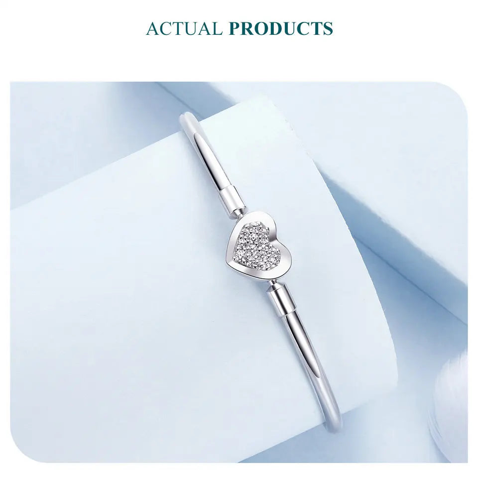 BAMOER Authentic 925 Sterling Silver Charm Bracelet, Classic Heart/Shell Basic Bangle for Women Charm Beads DIY Jewelry BSB192