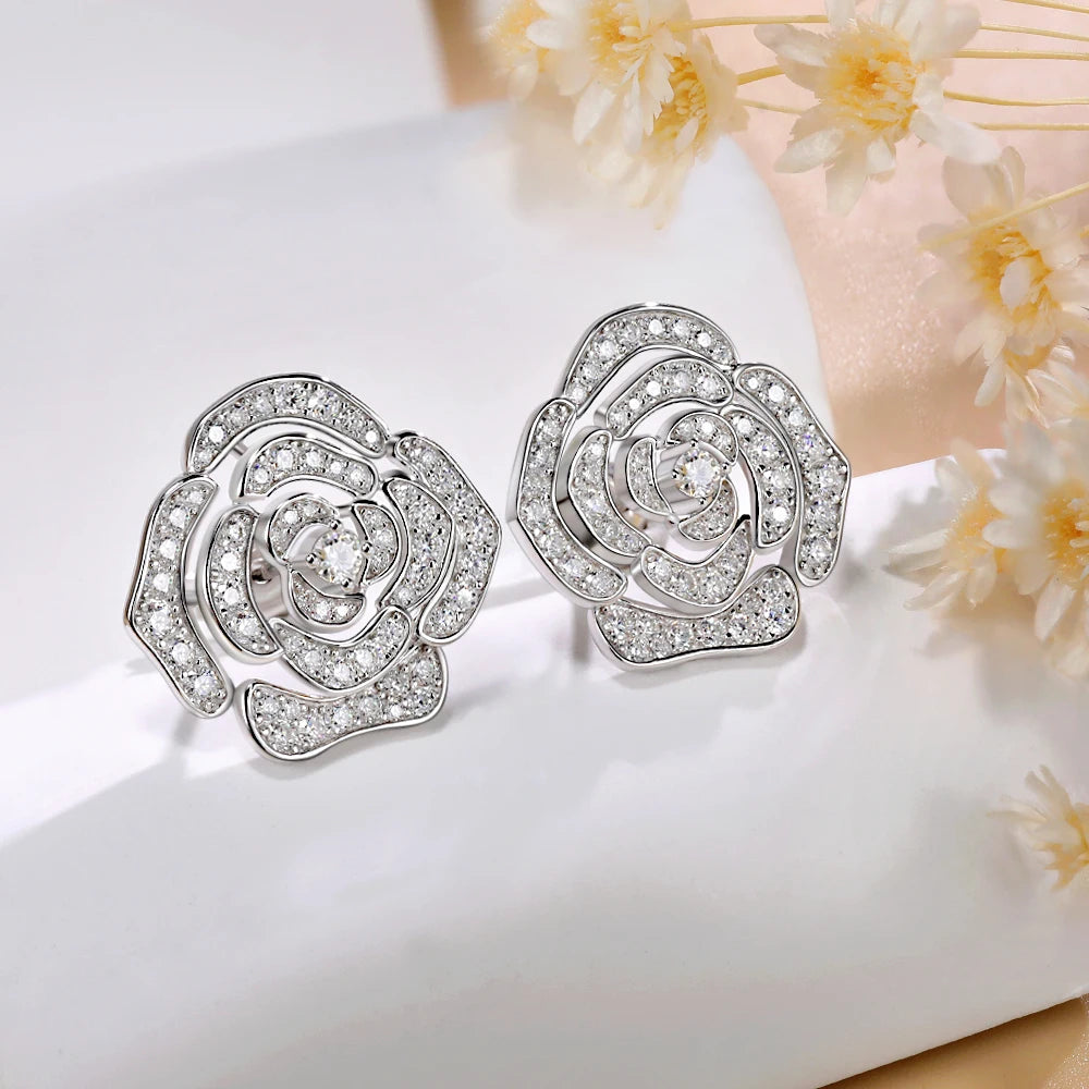 1.18ct All Moissanite D Color VVSI 18K White Gold Plated S925 Sterling Silver Flower Halo Stud Earrings Lab Diamond Fine Jewelry