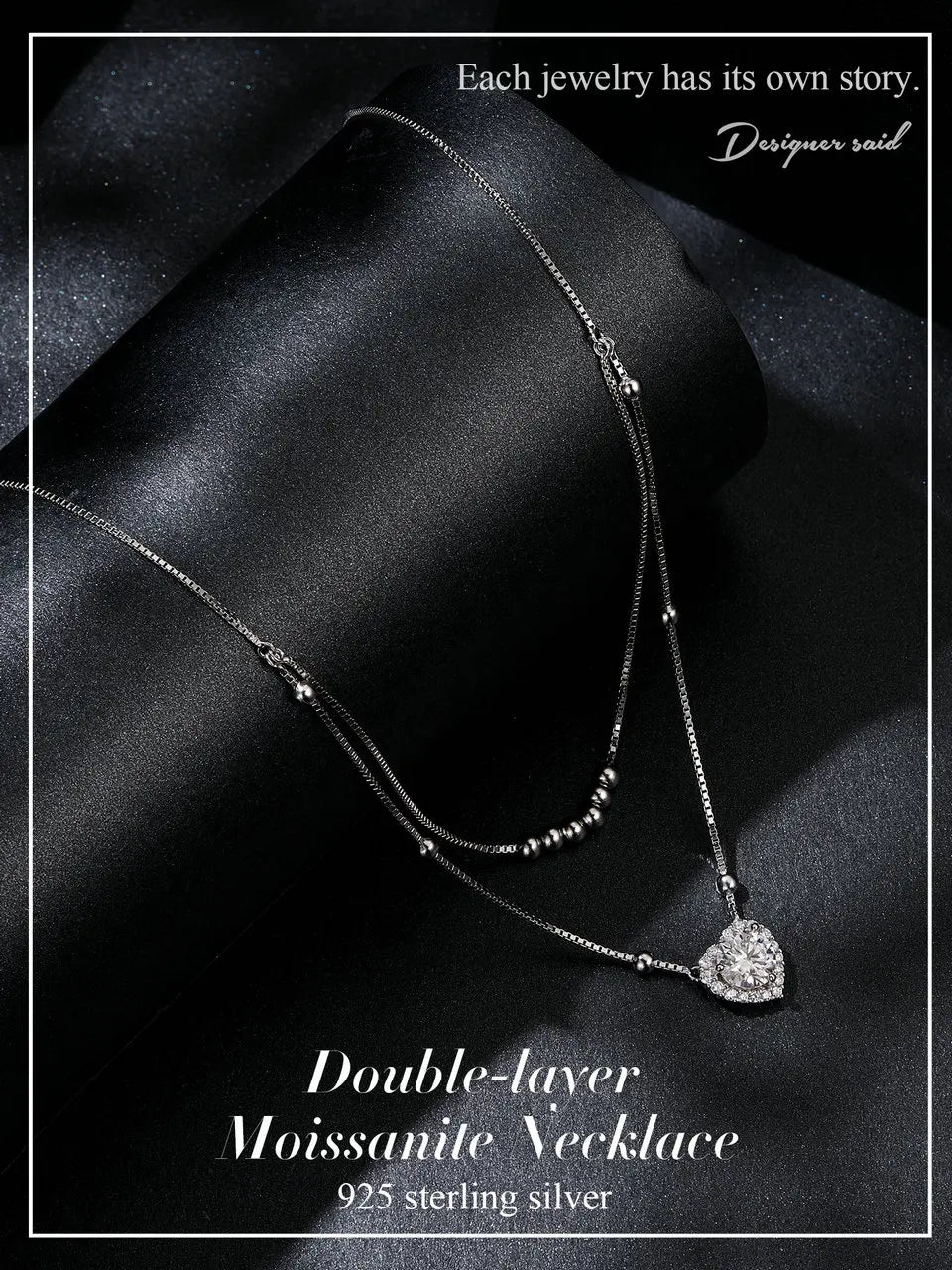 Bamoer 925 Sterling Silver Halo Heart Moissanite Pendant Necklace Double-layer Necklace for Women Valentine's Day Gift