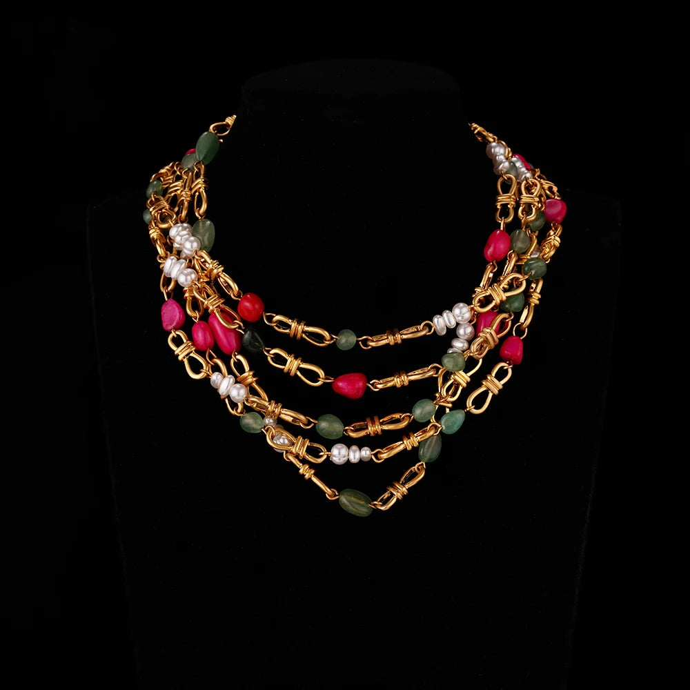Retro Palace Style Multi-layer Natural Stone Necklace Female Light Luxury High Sense of Elegant Medieval Clavicle Chain