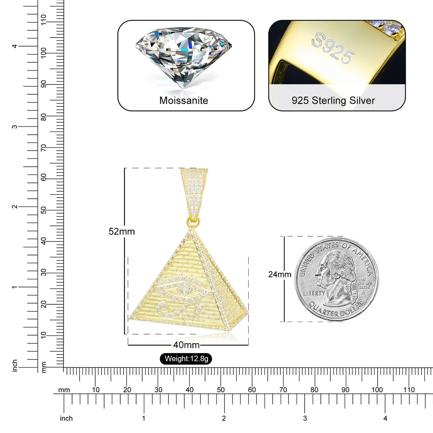 925 Hip Hop Sterling Silver Egyptian Pyramid Eye Of Horus Pendant Necklace Iced Out Micro Paved D Color Moissanite Charm Jewelry