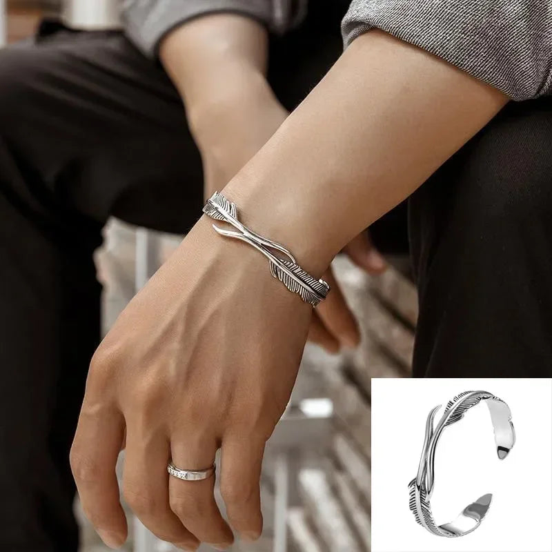 Silver Plated Turquoise Feather Wings Open Bracelet Men\'s Domineering Cuff Bangles Women\'s Fashion Party Jewelry Gift