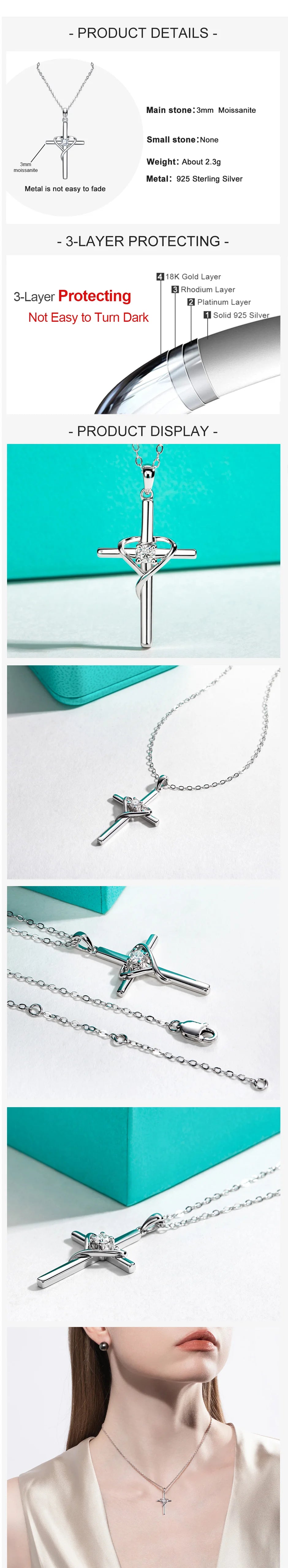 AnuJewel 3MM D Color Moissanite Diamond Cross Pendant Heart Necklace 925 Sterling Silver 18K Gold Plated Customs Jewelry Gifts