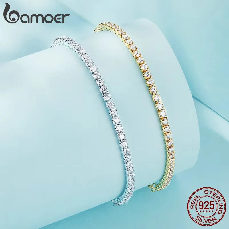 BAMOER 14K Gold Plated CZ Classic Tennis Bracelet for Women, 925 Sterling Silver Adjustable Slider Bracelet Wedding Jewelry Gift