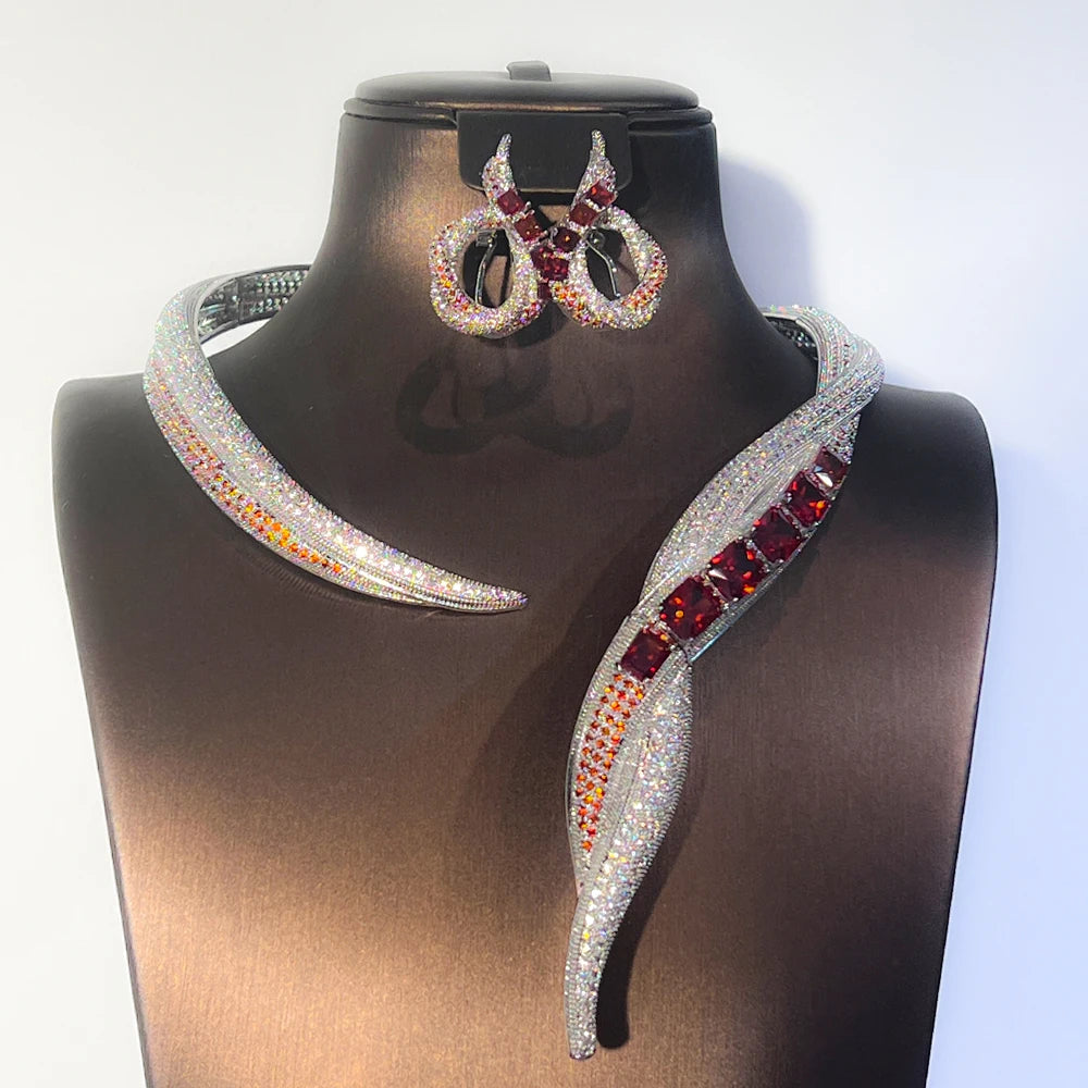 Uniquely Multicolor Designed Zircon Necklace Women Wedding Luxury Cubic Dubai Bridal Jewelry Set Suitable for V-neck Accessories