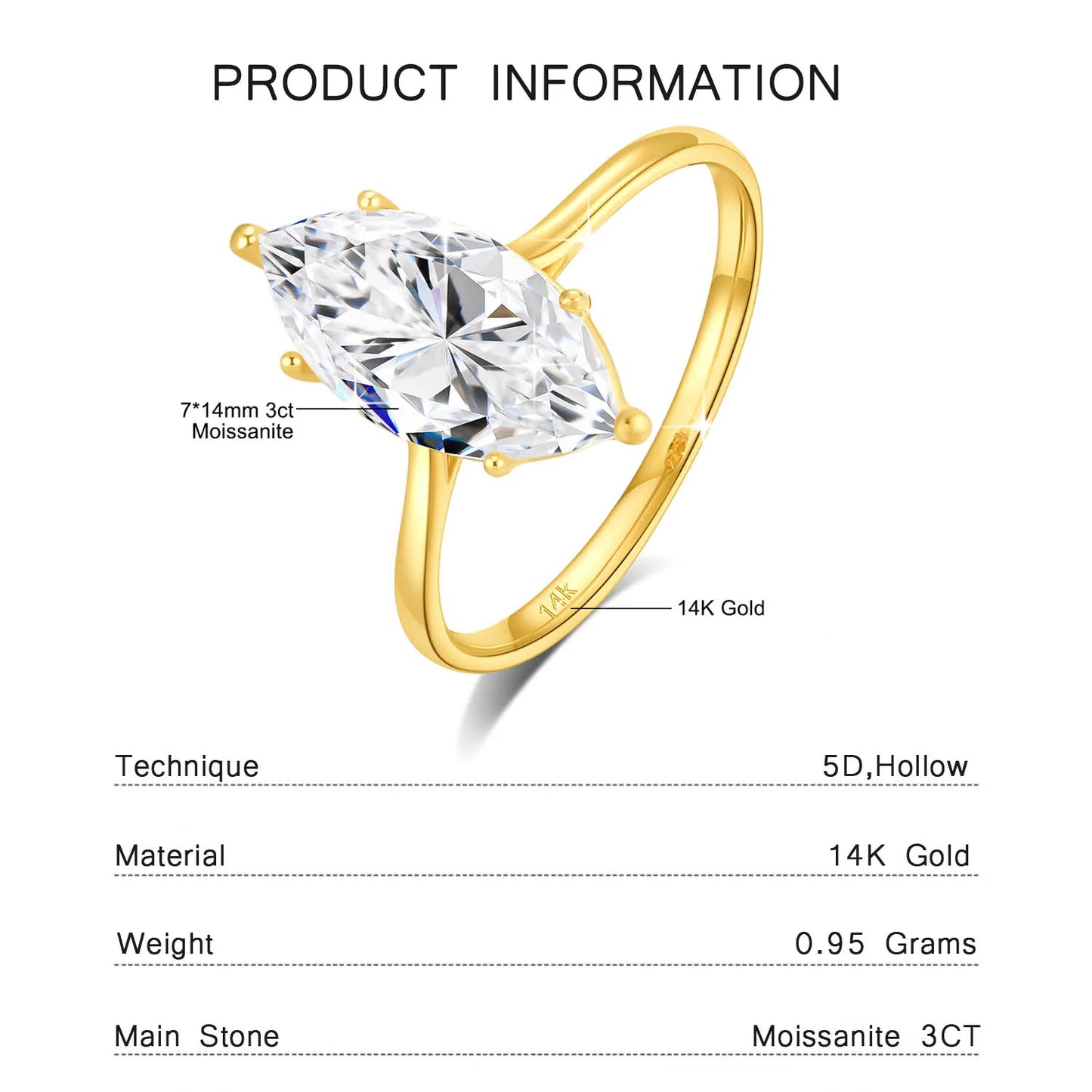 14K Gold Moissanite Diamond Rings for Women Marquise Cut 3CT VVS1 Au585 Luxury Jewelry for Engagement Wedding Christmas Gifts