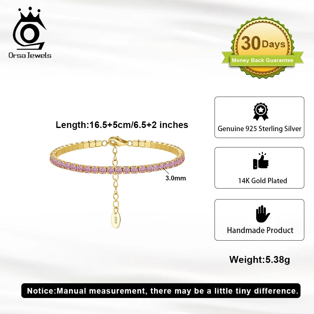 ORSA JEWELS 925 Sterling Silver Brilliant Tennis Bracelet 3.0mm Bezel Setting CZ for WomenChain Bracelet Luxury Jewelry SB192