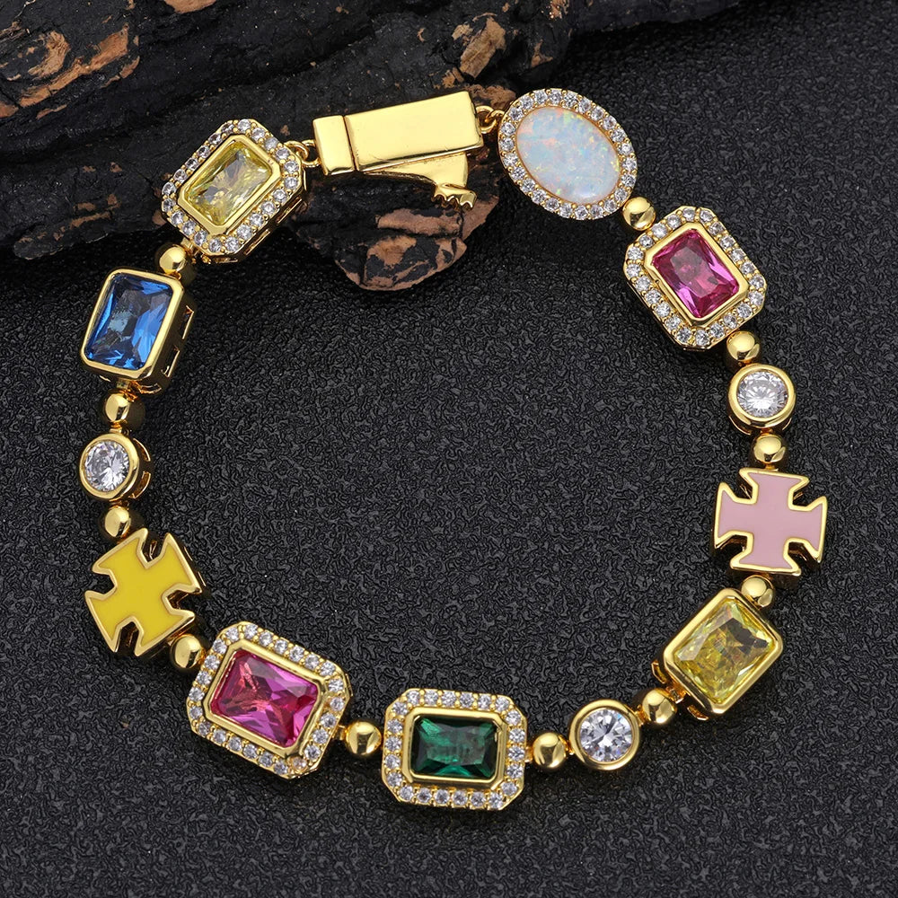 10mm Multicolor Green Blue Red Yellow Black Gem Stone Enamel Cross Chain 18K Gold Plated Jewelry Big Gemstone Necklace Women