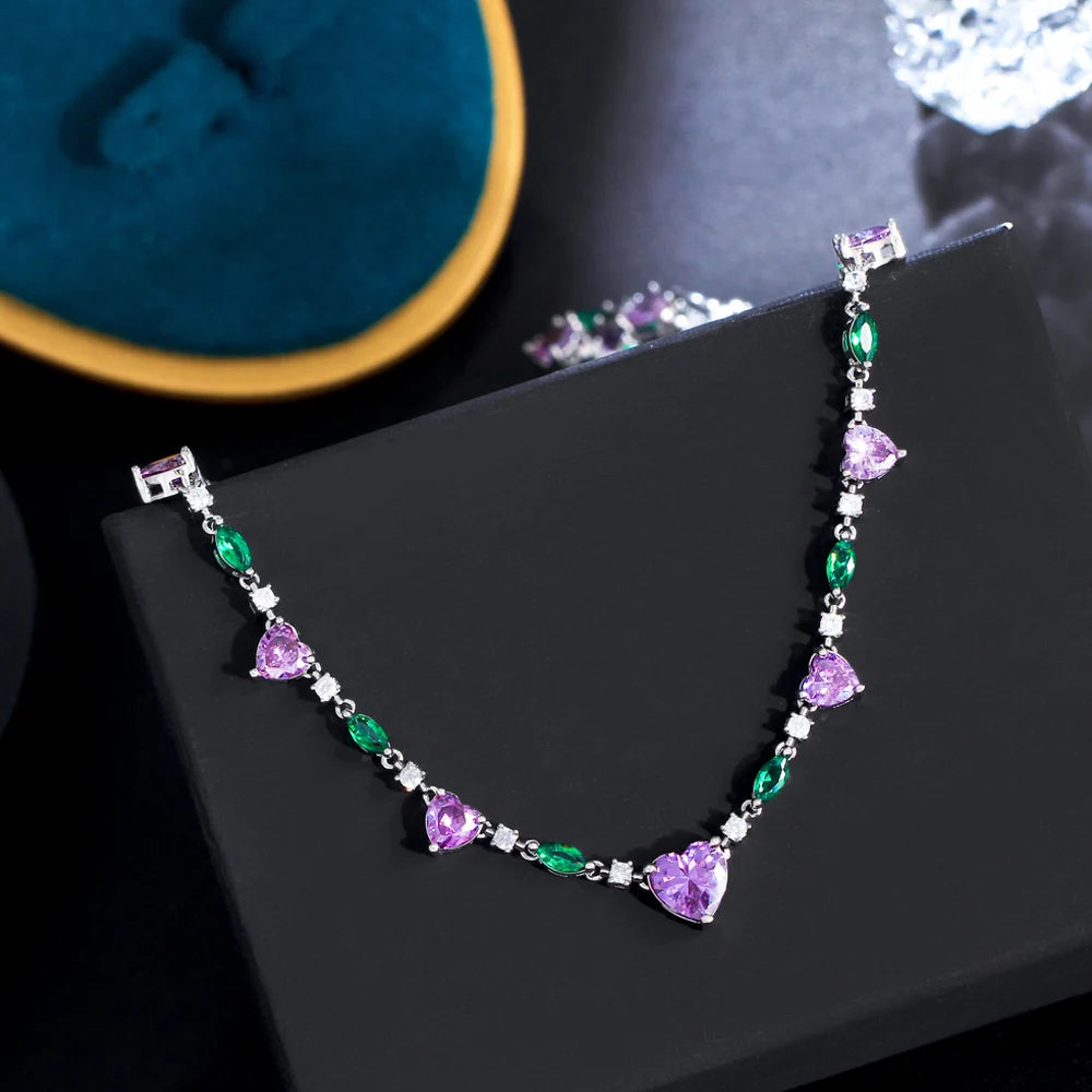 ThreeGraces Exquisite Purple Cubic Zirconia Beautiful Heart CZ Link Chain Necklace for Women Summer Daily Dress Jewelry PN148