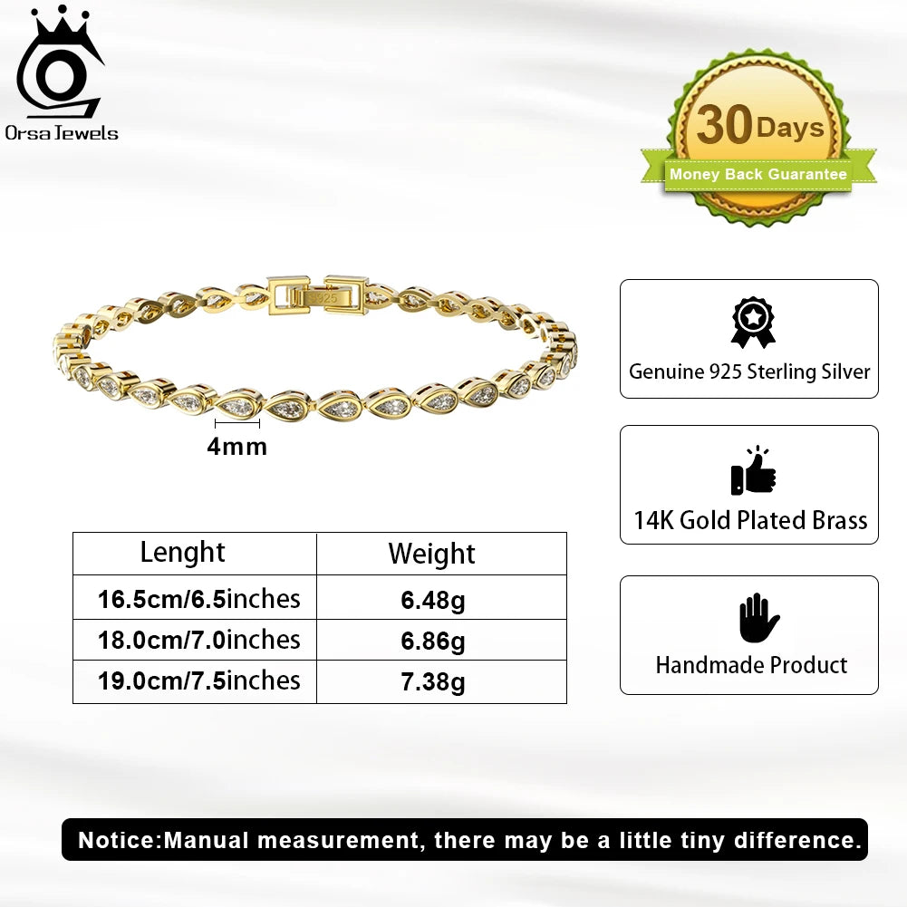 ORSA JEWELS 925 Sterling Silver Handmade 2*4mm Pear Cut CZ Bazel Setting Tennis Bracelet for Women Luxury Bracelet Jewelry SB154