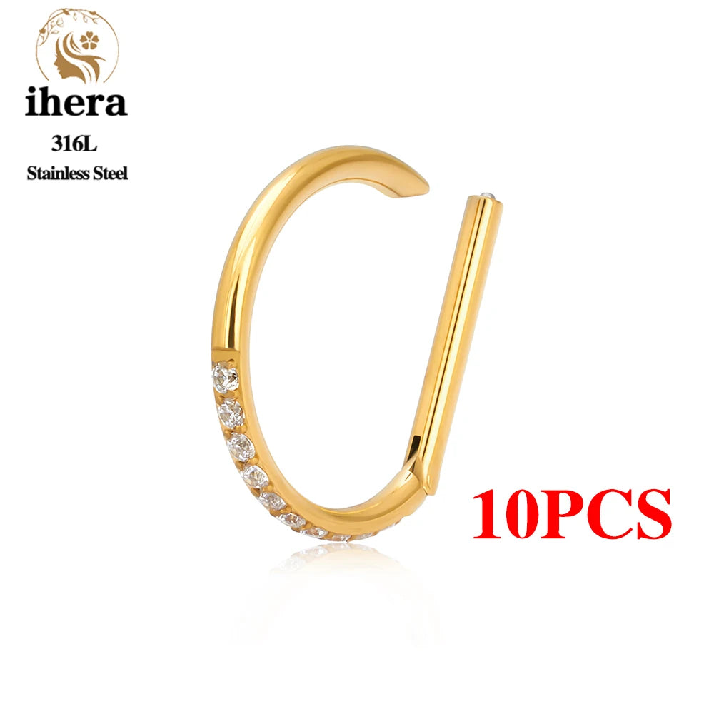 10PCS Stainless Steel D Shape Water Drop Nose Rings 16G CZ Septum Ring Ear Cartilage Tragus Helix Daith Earring Piercing Jewelry
