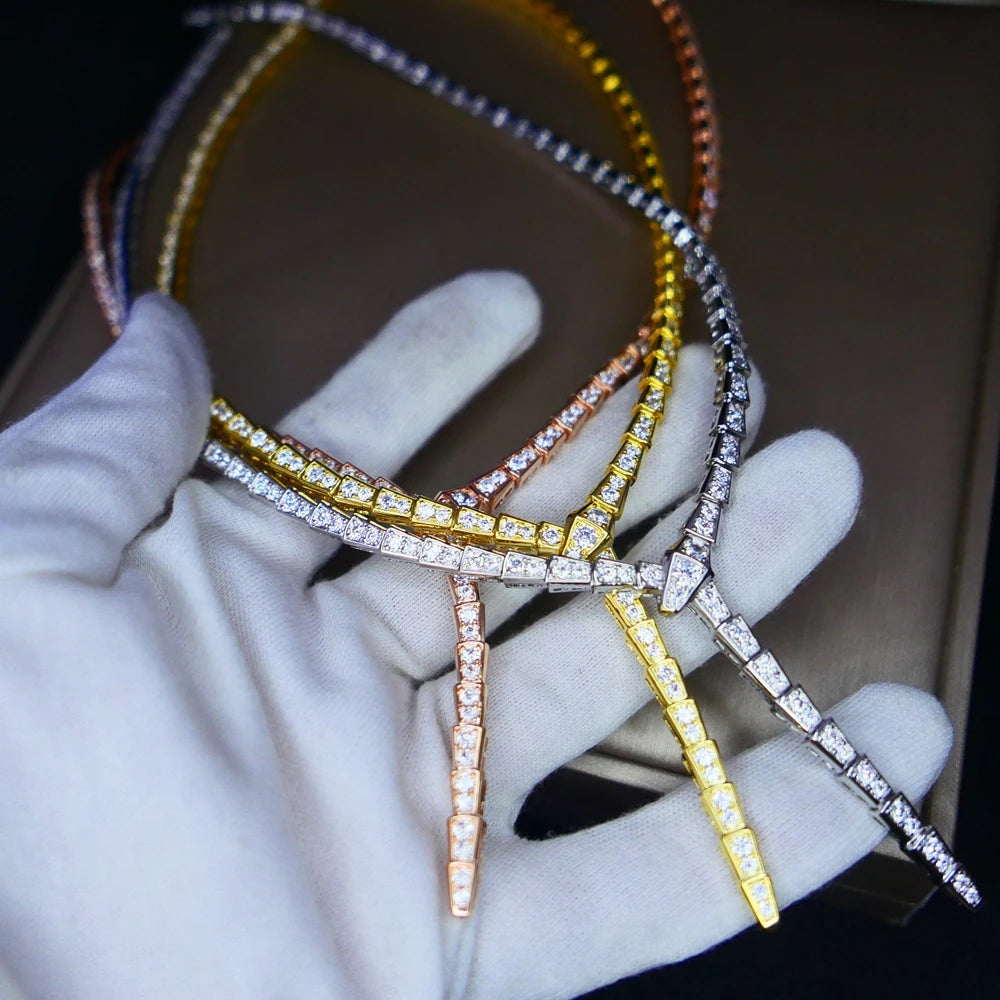 Slim Classic Fashion Full Zircon Diamond Stone Narrow Snake Shaped Choker Necklace Women Luxury Designer Gold plated Jewelry