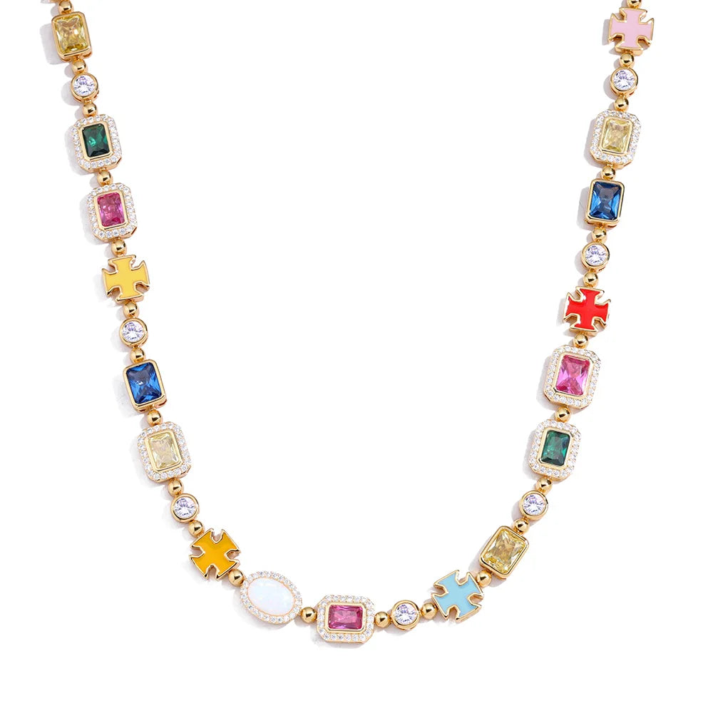 10mm Multicolor Green Blue Red Yellow Black Gem Stone Enamel Cross Chain 18K Gold Plated Jewelry Big Gemstone Necklace Women