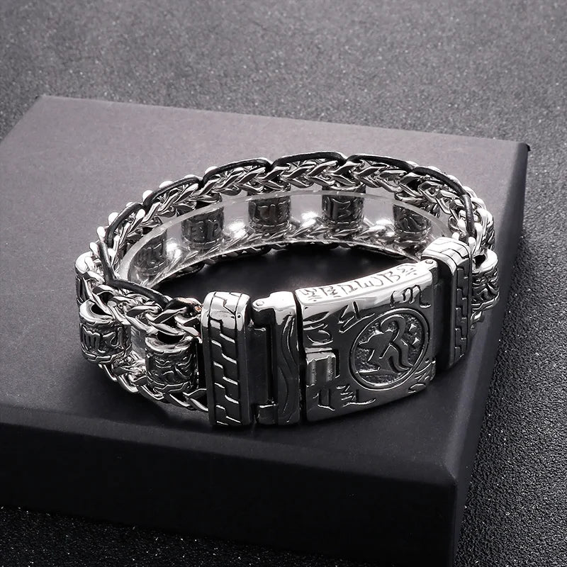 22mm Punk Retro Skull Head Bracelet for Men Hiphop Rock Stainless Steel Male Gothic Biker Bike Leather Bangle Wristband Jewelry