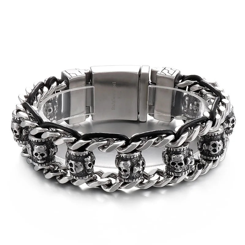 22mm Punk Retro Skull Head Bracelet for Men Hiphop Rock Stainless Steel Male Gothic Biker Bike Leather Bangle Wristband Jewelry