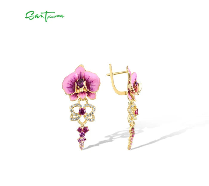 SANTUZZA Real 925 Sterling Silver Earrings For Women Sparkling Created Pink Sapphire Enamel Orchid Flower Delicate Fine Jewelry