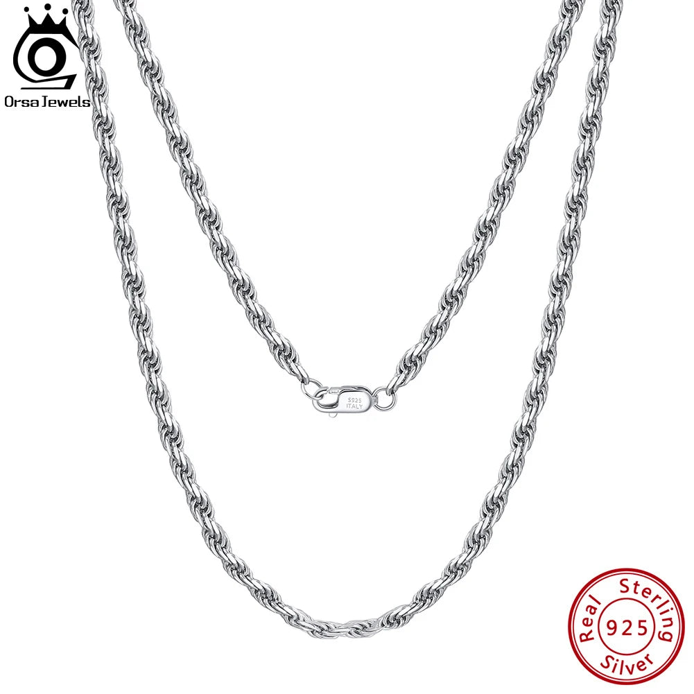 ORSA JEWELS Solid 925 Sterling Silver 2.3/3.3mm Diamond-Cut Rope Chain Necklace for Women Men fashion Neck Chain Jewelry SC29