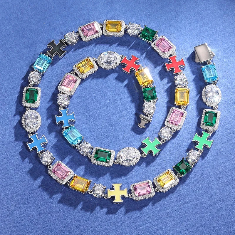 925 Sterling Silver Colorful Luminous Cross Cubic Zircon Necklace For Women Men Hip Hop Fine Jewelry Luxury Party Jewelry Gifts