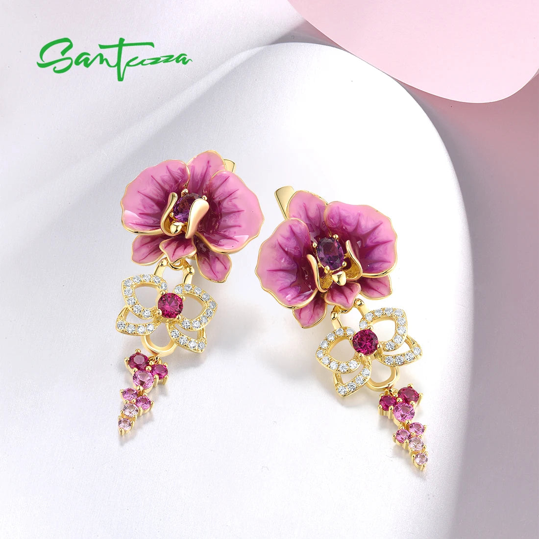 SANTUZZA Real 925 Sterling Silver Earrings For Women Sparkling Created Pink Sapphire Enamel Orchid Flower Delicate Fine Jewelry