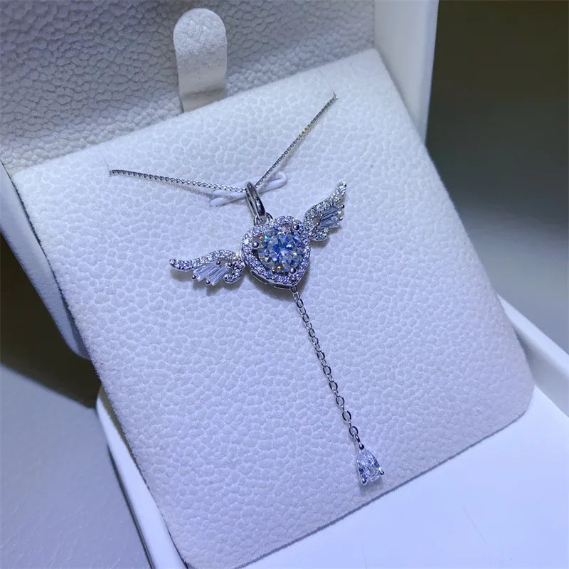 2024 New DJMAX 1ct Moissanite Necklace For Women Original 925 Sterling Silver Elegant Sweet Lady's Angel Moissanite Necklace
