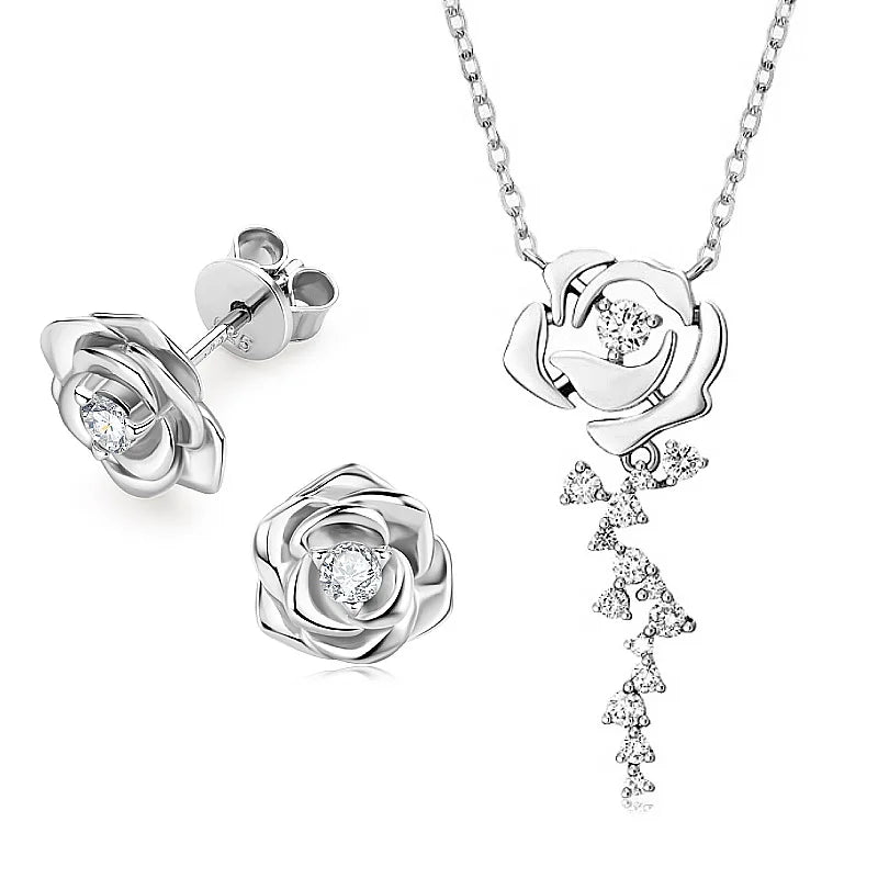 925 Sterling Silver Flower Jewelry Set Rose Gold Plated D Moissanite Pendant Necklace Stud Earrings Set for Women Wedding Gift
