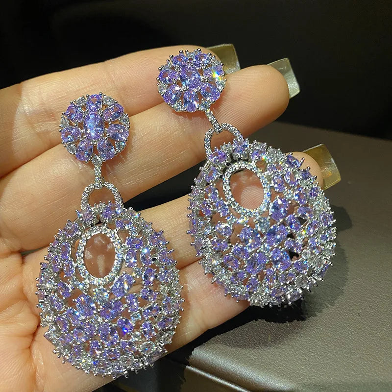 2023 Retro Round Set Purple Diamond Fashion Women's Exaggerated Silver Needle Earrings