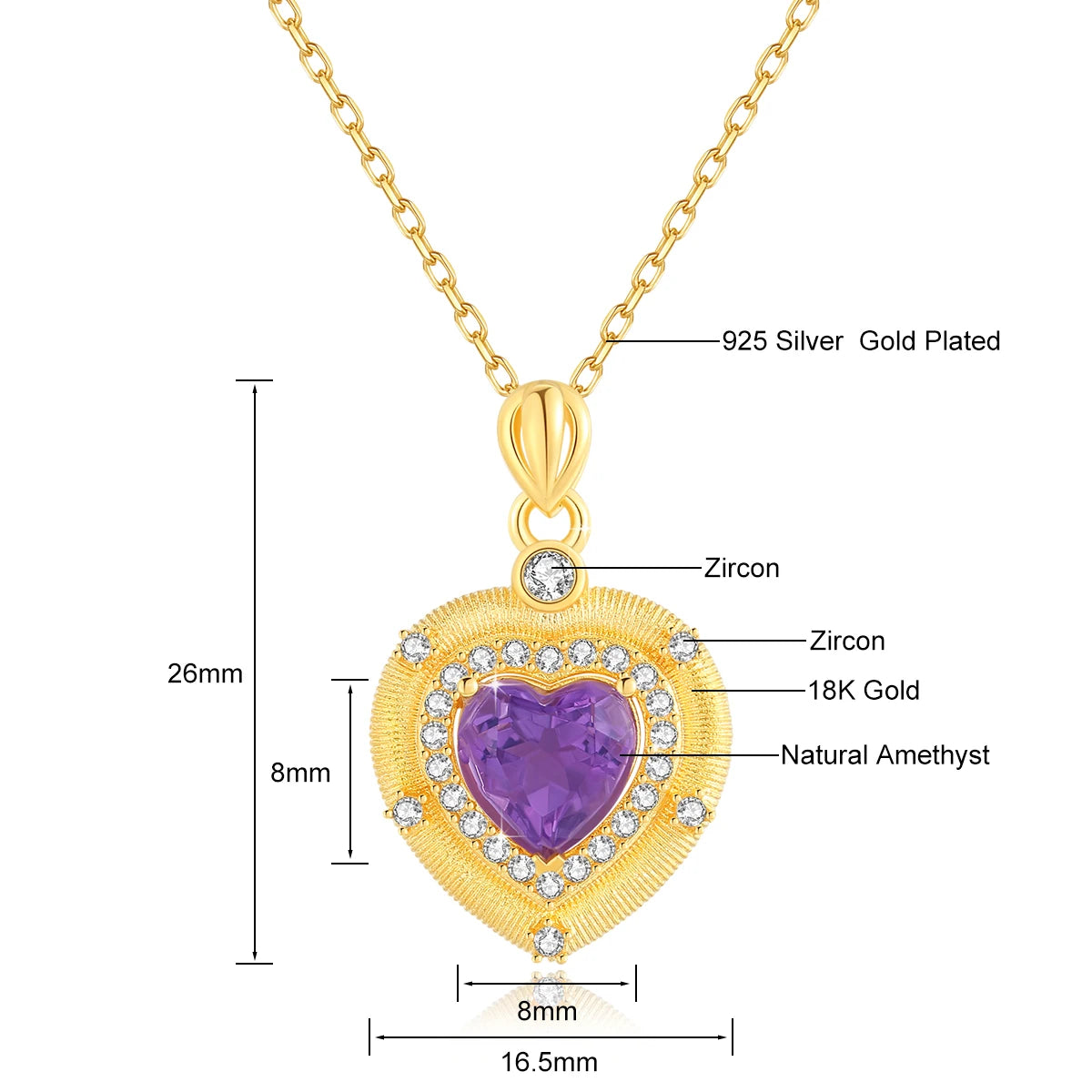 Real 18K Gold Natural Amethyst Heart Necklaces Pendant Original Design for Women Anniversary Party Gift Fine Jewelry