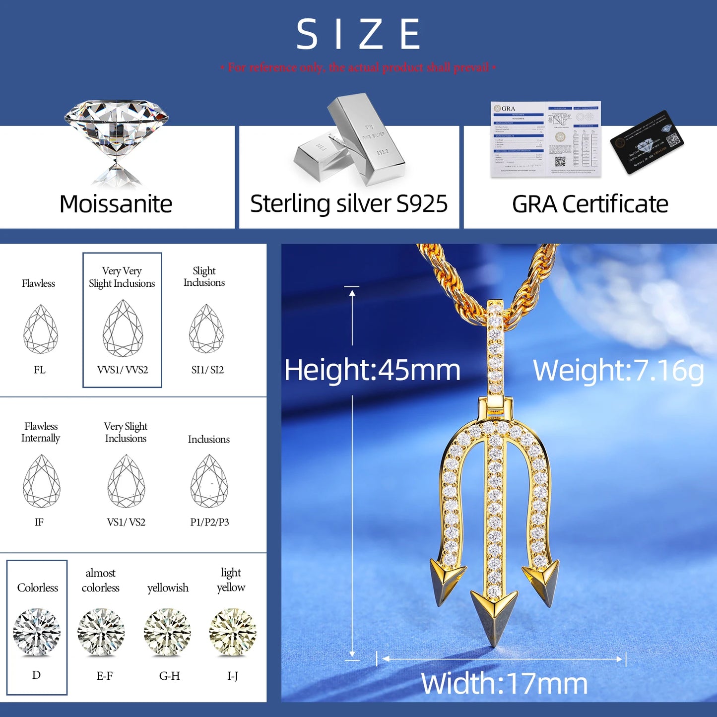 925 Sterling Silver Moissanite Three-pronged Poke Pendant Nordic Viking Poseidon Simple Style For Women Men Fine Jewelry Gifts