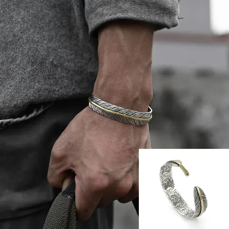 Silver Plated Turquoise Feather Wings Open Bracelet Men\'s Domineering Cuff Bangles Women\'s Fashion Party Jewelry Gift