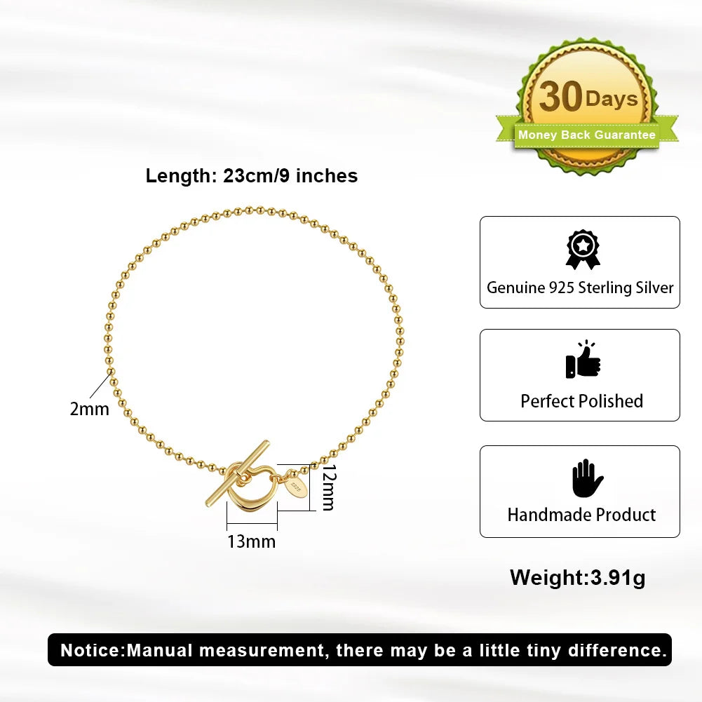 ORSA JEWELS 925 Sterling Silver 2.0mm Bead Chain Bracelet for Women with Heart Toggle Clasp Foot Ankle Straps Jewelry SA68