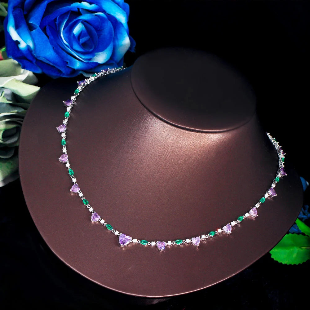 ThreeGraces Exquisite Purple Cubic Zirconia Beautiful Heart CZ Link Chain Necklace for Women Summer Daily Dress Jewelry PN148
