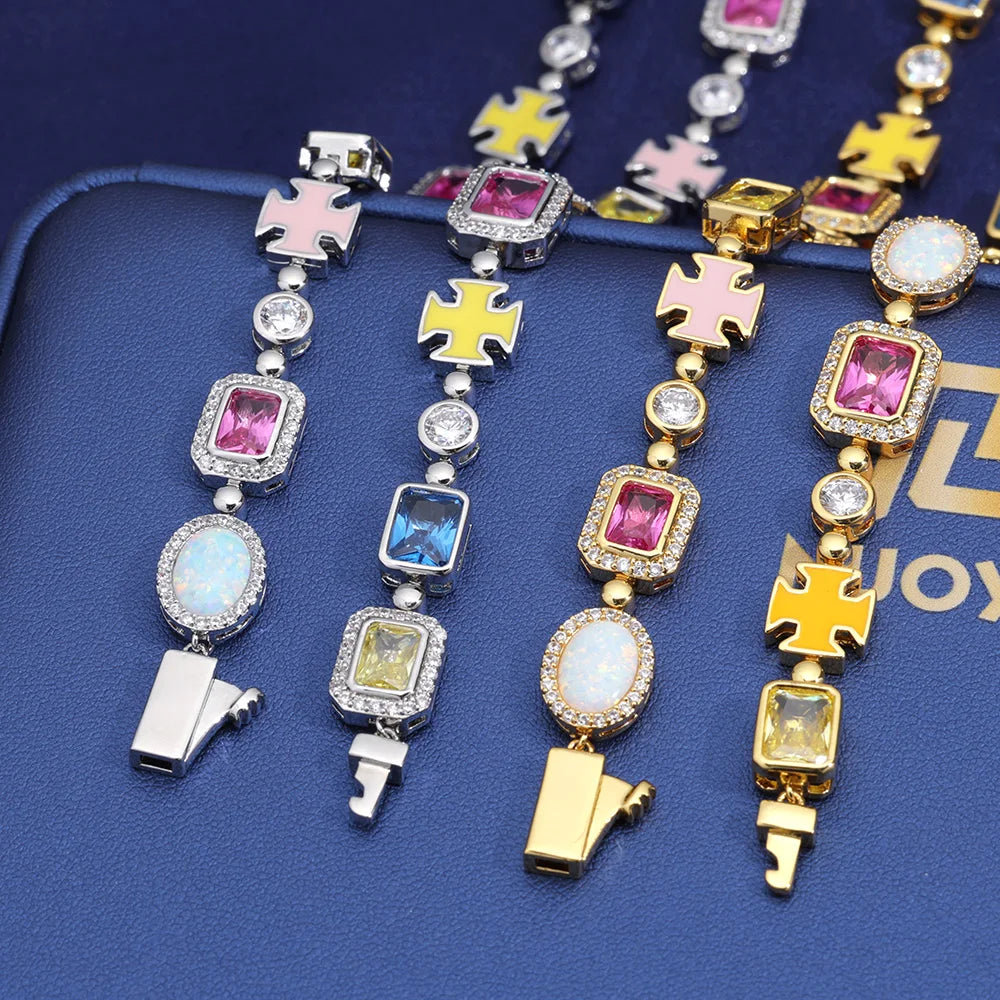 10mm Multicolor Green Blue Red Yellow Black Gem Stone Enamel Cross Chain 18K Gold Plated Jewelry Big Gemstone Necklace Women