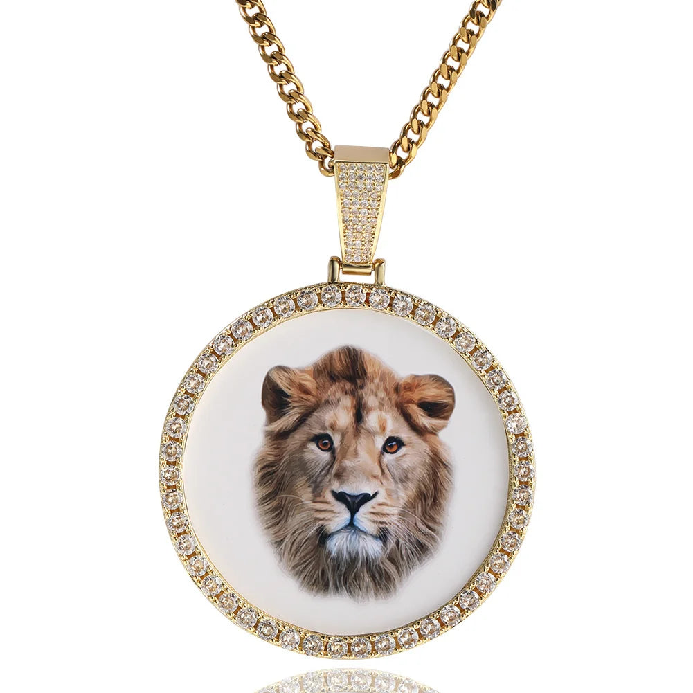 UWIN 6.8cm Oversize Large Round Custom Photo Pendant Iced Out CZ Hiphop Jewelry Necklace Engrave Name Memory Gifts