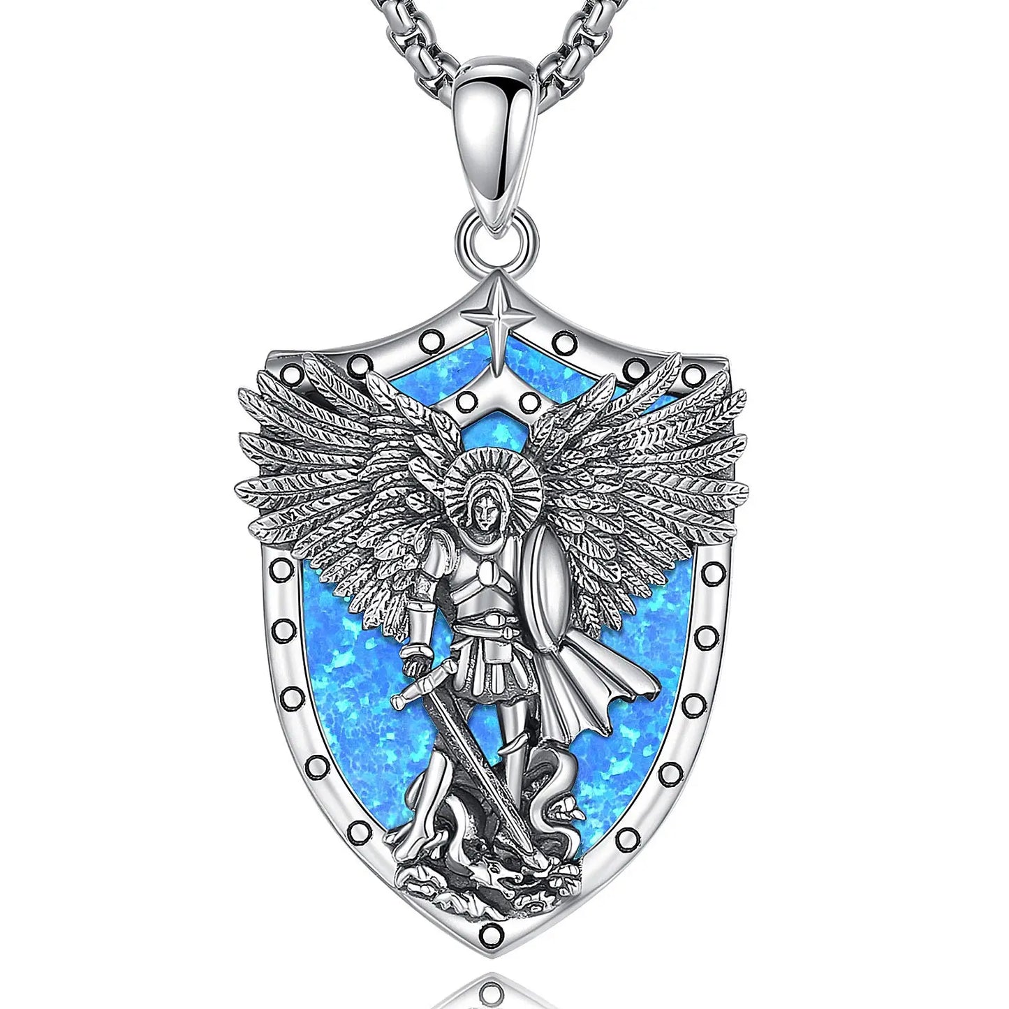 St Michael Pendant Eudora 925 Sterling Silver Archangel opal Amulet Necklace Religious Jewelry Gift for Men Women
