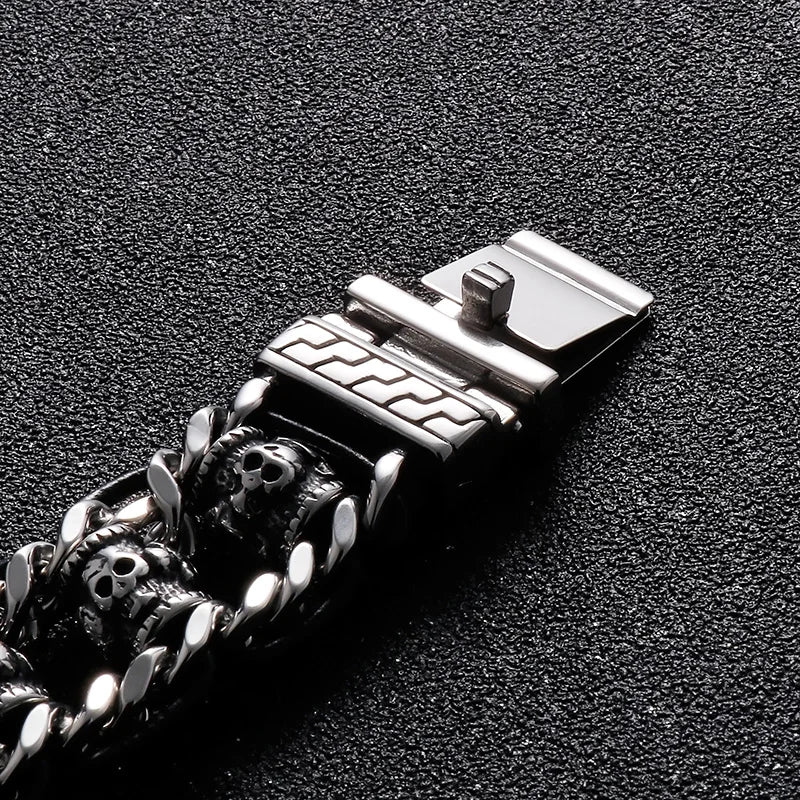 22mm Punk Retro Skull Head Bracelet for Men Hiphop Rock Stainless Steel Male Gothic Biker Bike Leather Bangle Wristband Jewelry